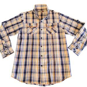 Red Snap Mens Plaid Button‎ Up Shirt Large Orange Chain Stitching